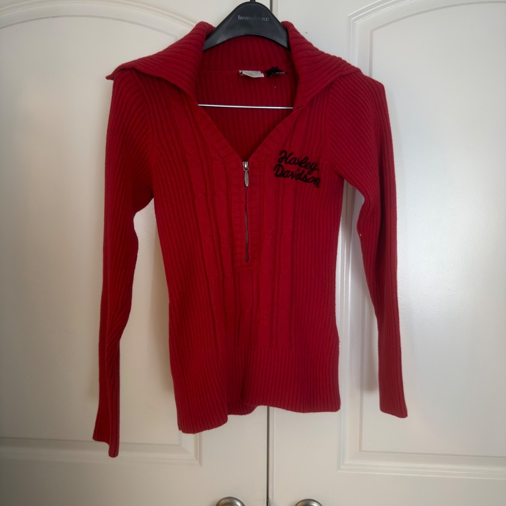 Harley-Davidson Womens Red Ribbed Quarter Zip Sweater Oversized Collar Small